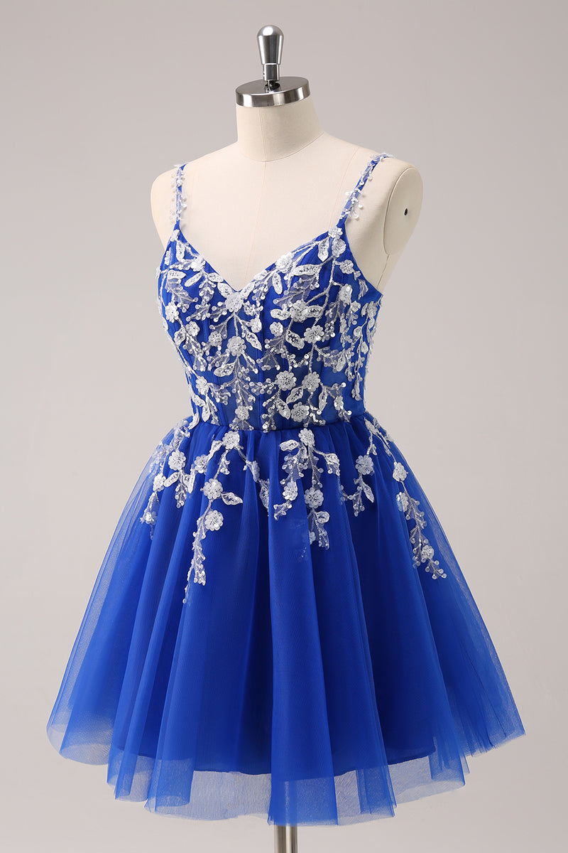 Load image into Gallery viewer, Royal Blue A-Line Spaghetti Straps Homecoming Dress with Appliques