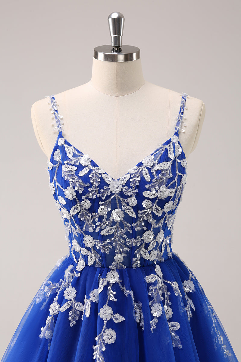 Load image into Gallery viewer, Royal Blue A-Line Spaghetti Straps Homecoming Dress with Appliques