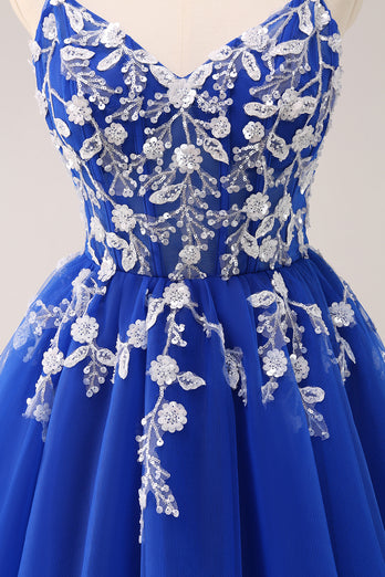 Royal Blue A-Line Spaghetti Straps Homecoming Dress with Appliques