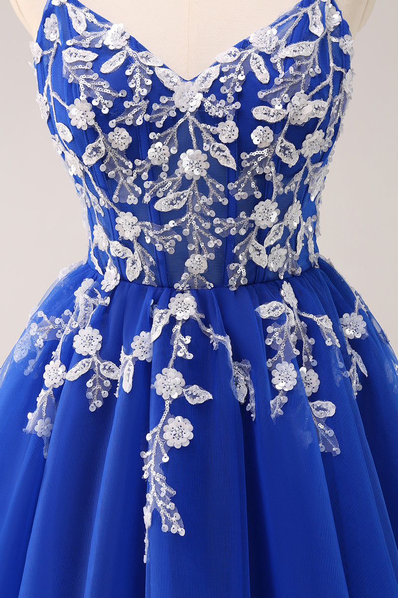 Load image into Gallery viewer, Royal Blue A-Line Spaghetti Straps Homecoming Dress with Appliques