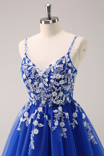 Royal Blue A-Line Spaghetti Straps Homecoming Dress with Appliques