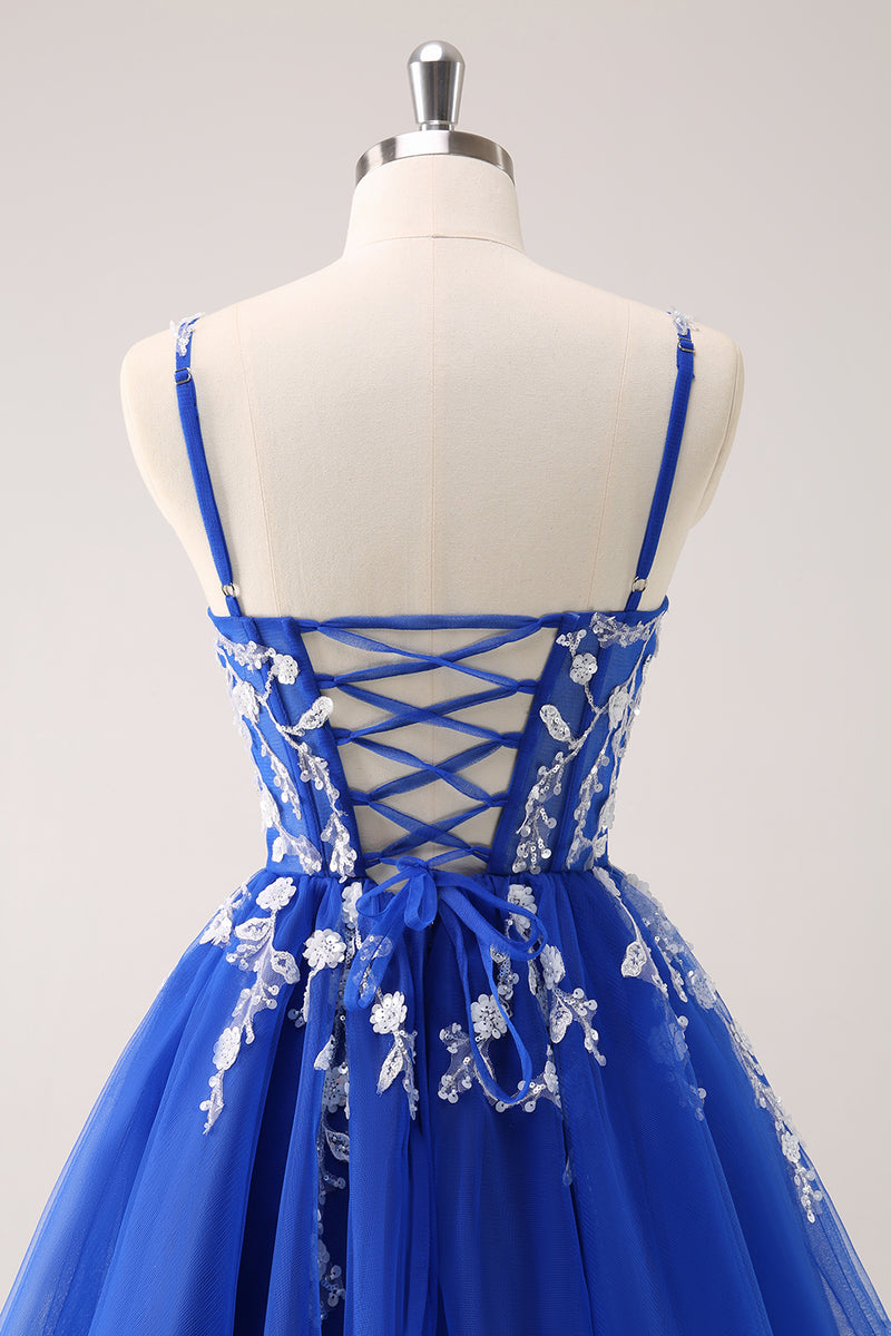 Load image into Gallery viewer, Royal Blue A-Line Spaghetti Straps Homecoming Dress with Appliques