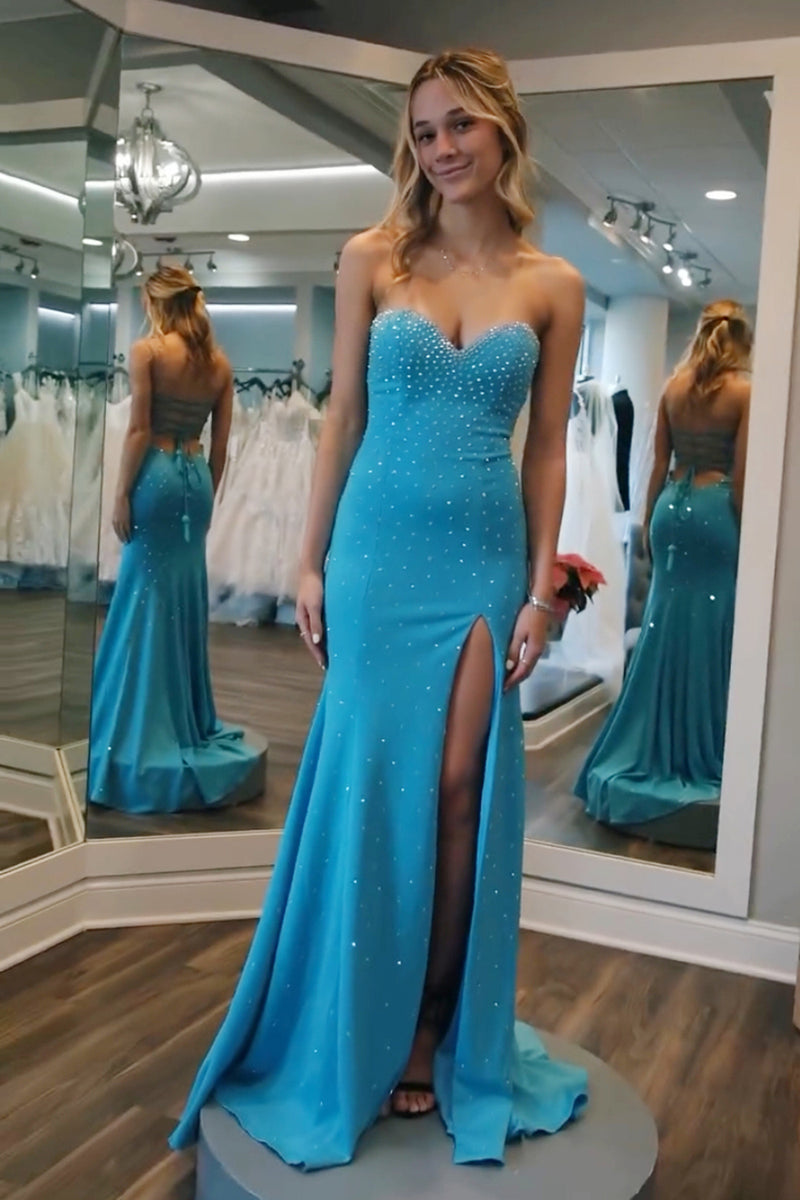 Load image into Gallery viewer, Sparkly A-Line Blue Strapless Corset Unique Prom Dress with Sequins