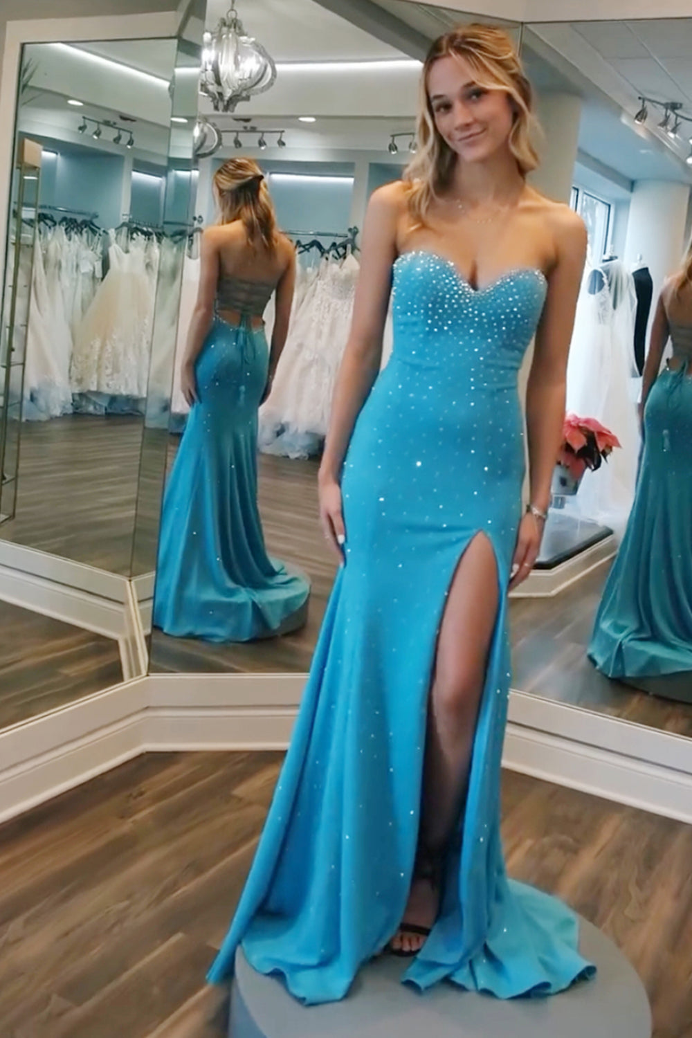 Sparkly A-Line Blue Strapless Corset Unique Prom Dress with Sequins