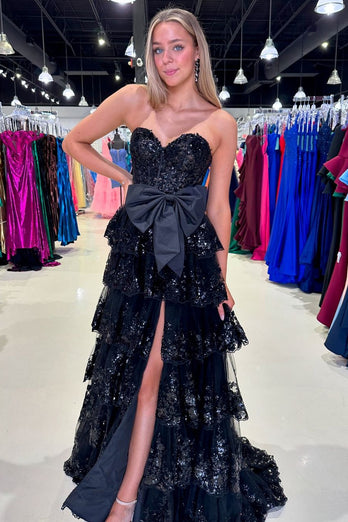 Black Strapless Appliques Ruffled A-Line Prom Dress with Bow