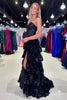 Load image into Gallery viewer, Black Strapless Appliques Ruffled A-Line Prom Dress with Bow