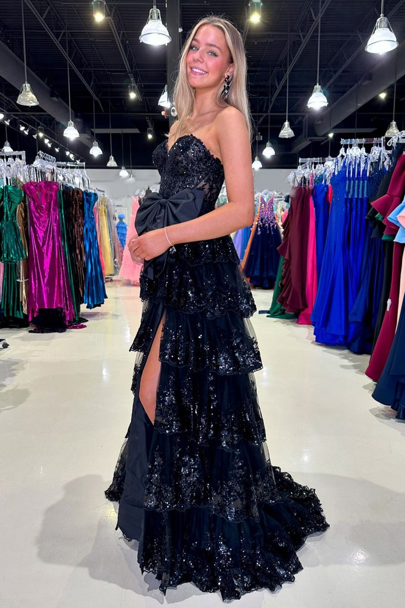 Load image into Gallery viewer, Black Strapless Appliques Ruffled A-Line Prom Dress with Bow