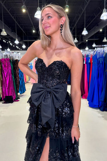 Black Strapless Appliques Ruffled A-Line Prom Dress with Bow