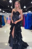 Load image into Gallery viewer, Black Strapless Appliques Ruffled A-Line Prom Dress with Bow