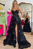 Load image into Gallery viewer, Sparkly Black Strapless Tiered Long Prom Dress with Bow