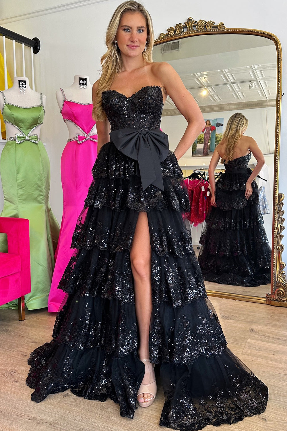 Sparkly Black Strapless Tiered Long Prom Dress with Bow