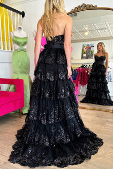 Sparkly Black Strapless Tiered Long Prom Dress with Bow