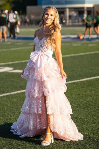 Black Strapless Appliques Ruffled A-Line Prom Dress with Bow