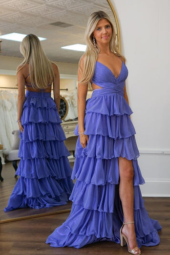 Purple A-Line Spaghetti Straps Tiered Long Prom Dress With Ruffles