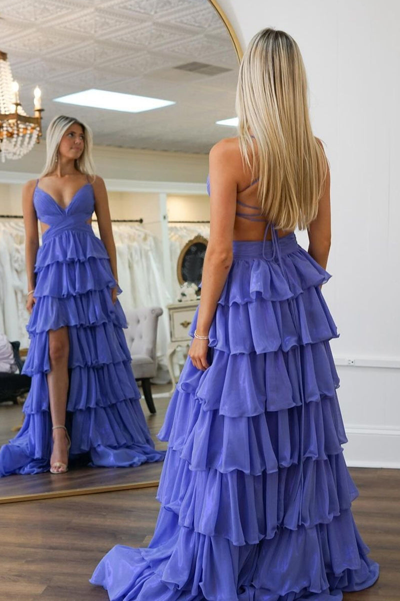 Load image into Gallery viewer, Purple A-Line Spaghetti Straps Tiered Long Prom Dress With Ruffles