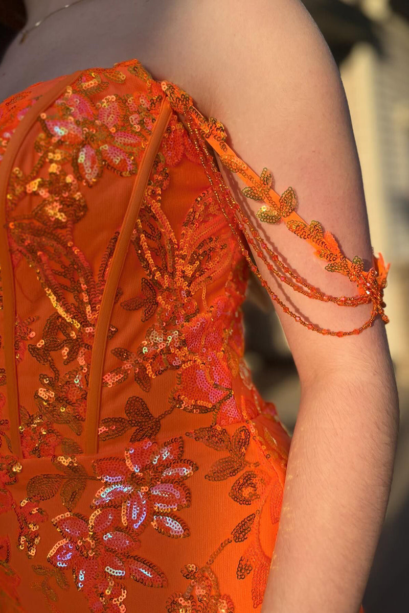 Load image into Gallery viewer, Orange Off the Shoulder Corset Mermaid Long Prom Dress with Appliques