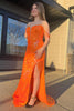 Load image into Gallery viewer, Orange Off the Shoulder Corset Mermaid Long Prom Dress with Appliques