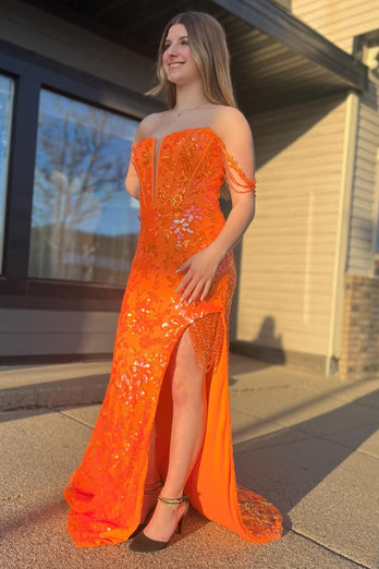 Orange Off the Shoulder Corset Mermaid Long Prom Dress with Appliques