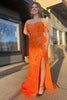 Load image into Gallery viewer, Orange Off the Shoulder Corset Mermaid Long Prom Dress with Appliques