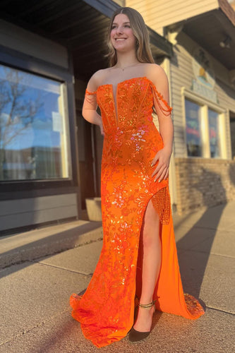 Orange Off the Shoulder Corset Mermaid Long Prom Dress with Appliques