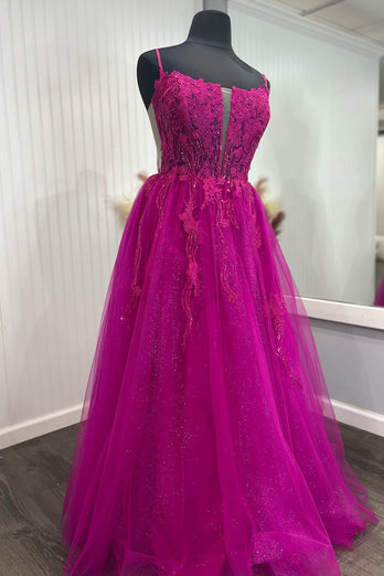 Sparkly Fuchsia Spaghetti Straps Corset A-Line Long Prom Dress with Sequins