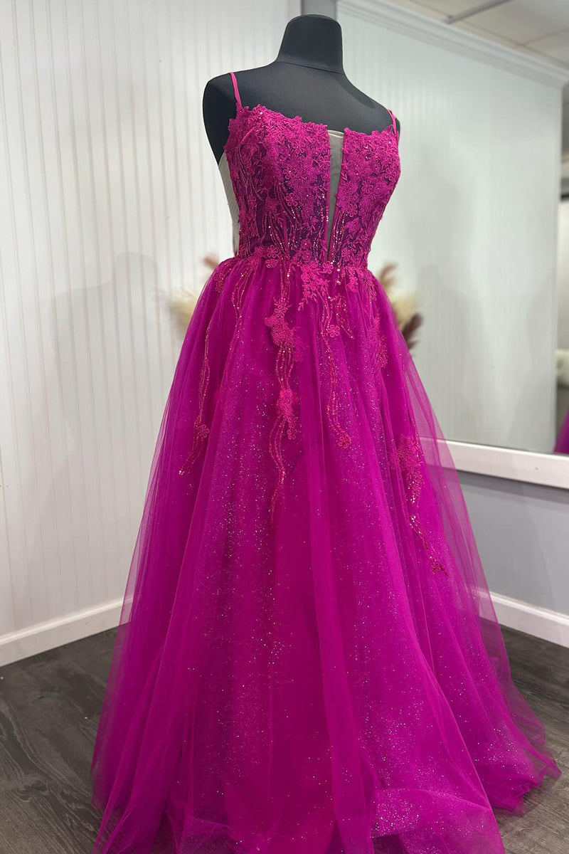 Load image into Gallery viewer, Sparkly Fuchsia Spaghetti Straps Corset A-Line Long Prom Dress with Sequins