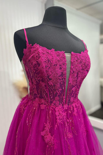 Sparkly Fuchsia Spaghetti Straps Corset A-Line Long Prom Dress with Sequins