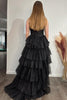 Load image into Gallery viewer, Black Sparkly Strapless Corset A-Line Long Prom Dress with Slit