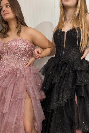 Black Sparkly Strapless Corset A-Line Long Prom Dress with Slit