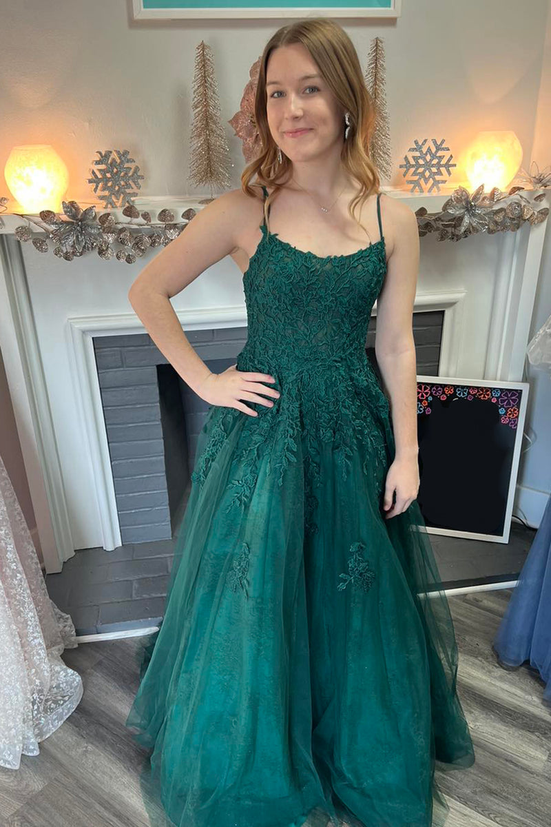 Load image into Gallery viewer, Dark Green Spaghetti Straps A-Line Long Prom Dress with Appliques