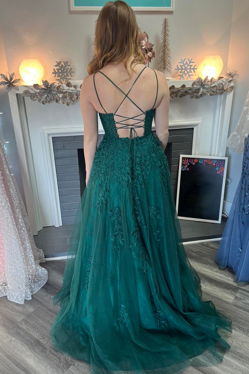 Load image into Gallery viewer, Dark Green Spaghetti Straps A-Line Long Prom Dress with Appliques