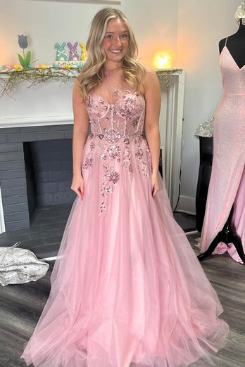 Pink One Shoulder A-Line Corset Long Prom Dress with Sequins