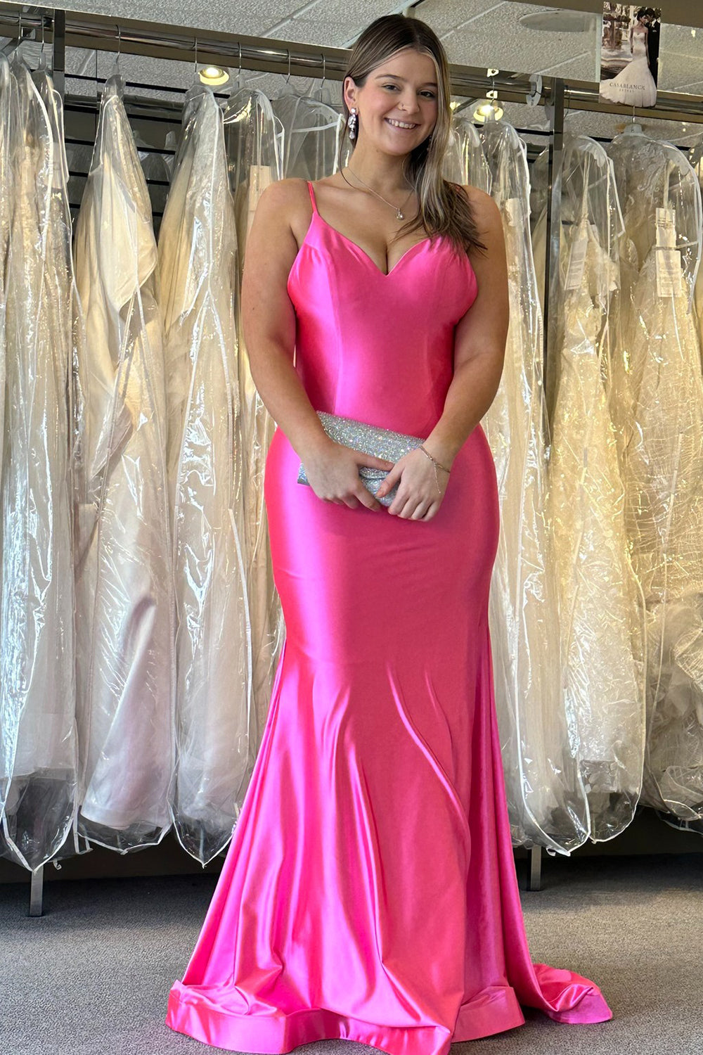 Fuchsia Mermaid Spaghetti Straps Croset Satin Long Prom Dress