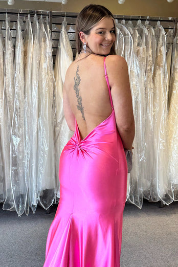 Fuchsia Mermaid Spaghetti Straps Croset Satin Long Prom Dress