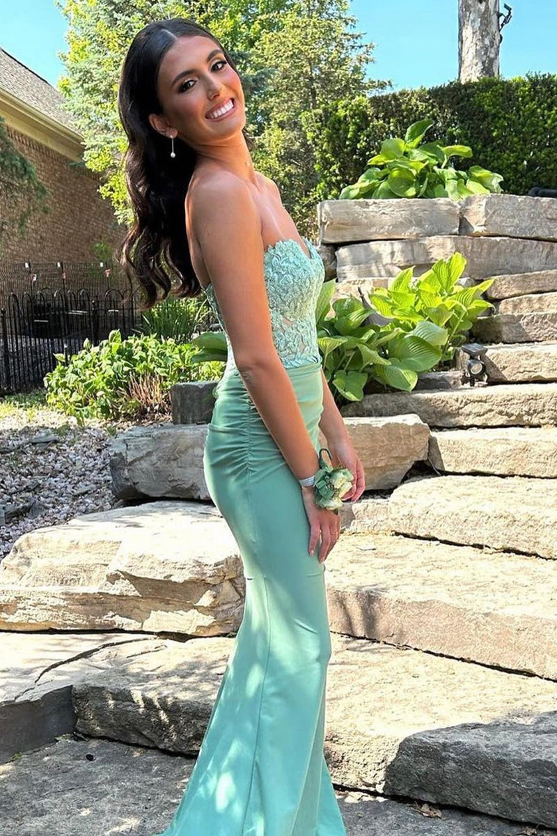 Load image into Gallery viewer, Mint Mermaid Strapless Long Prom Dress with Appliques