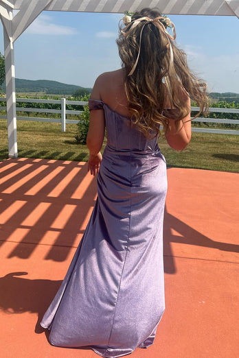 Purple Off the Shoulder Mermaid Corset Long Prom Dress with Slit