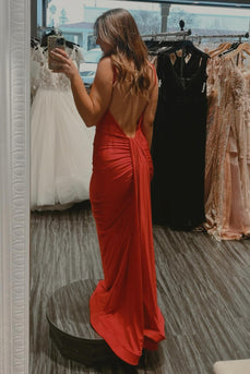 Sparkly Red Mermaid Satin Spaghetti Straps Long Prom Dress with Slit