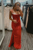 Load image into Gallery viewer, Sparkly Red Mermaid Satin Spaghetti Straps Long Prom Dress with Slit