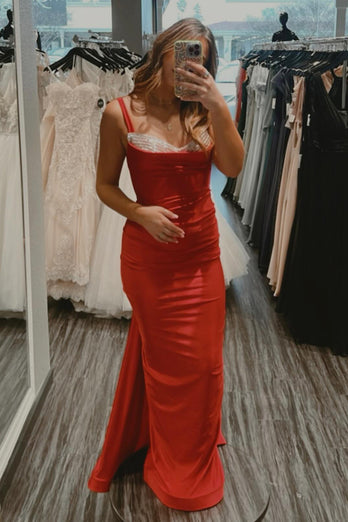 Sparkly Red Mermaid Satin Spaghetti Straps Long Prom Dress with Slit