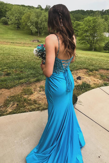 Turquoise Corset Spaghetti Straps Mermaid Long Prom Dress with Appliques