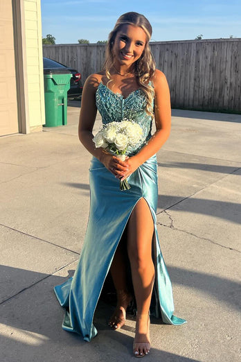 Blue Spaghetti Straps Satin Mermaid Long Prom Dress with Slit