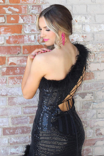 Black One Shoulder Mermaid Jacquard Long Prom Dress with Slit