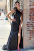 Load image into Gallery viewer, Black One Shoulder Mermaid Jacquard Long Prom Dress with Slit