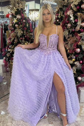 Lilac Spaghetti Straps Illusion A-Line Long Prom Dress with Appliques