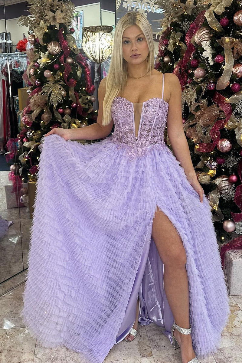 Load image into Gallery viewer, Lilac Spaghetti Straps Illusion A-Line Long Prom Dress with Appliques