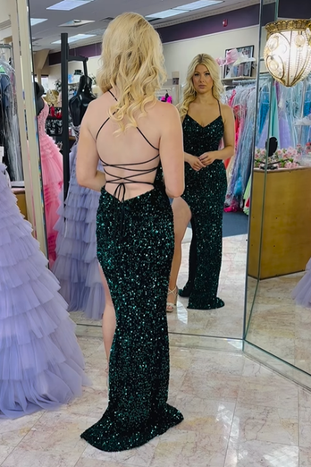 Dark Green Sequins Spaghetti Straps Mermaid Long Prom Dress with Slit