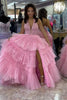 Load image into Gallery viewer, Pink Spaghetti Straps A-Line Corset Long Prom Dress with Slit