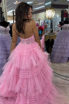 Pink Spaghetti Straps A-Line Corset Long Prom Dress with Slit