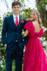 Load image into Gallery viewer, Fuchsia A-Line Square Neck Puff Sleeves Tulle Long Prom Dress