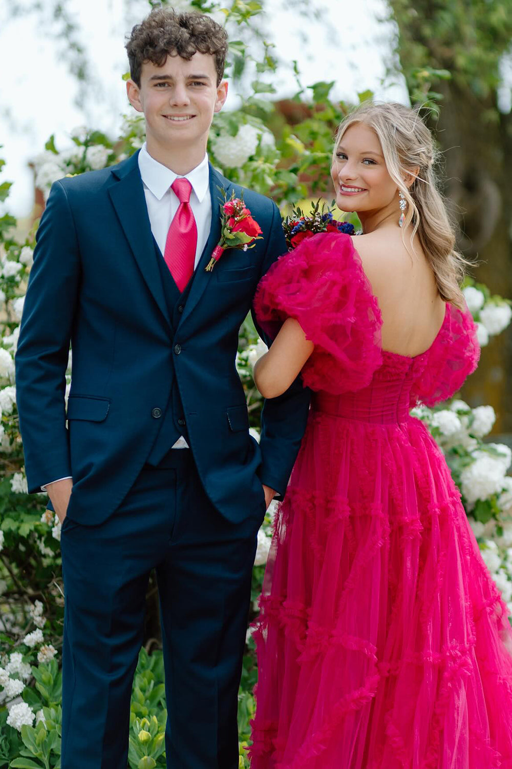 Fuchsia A-Line Square Neck Puff Sleeves Tulle Long Prom Dress